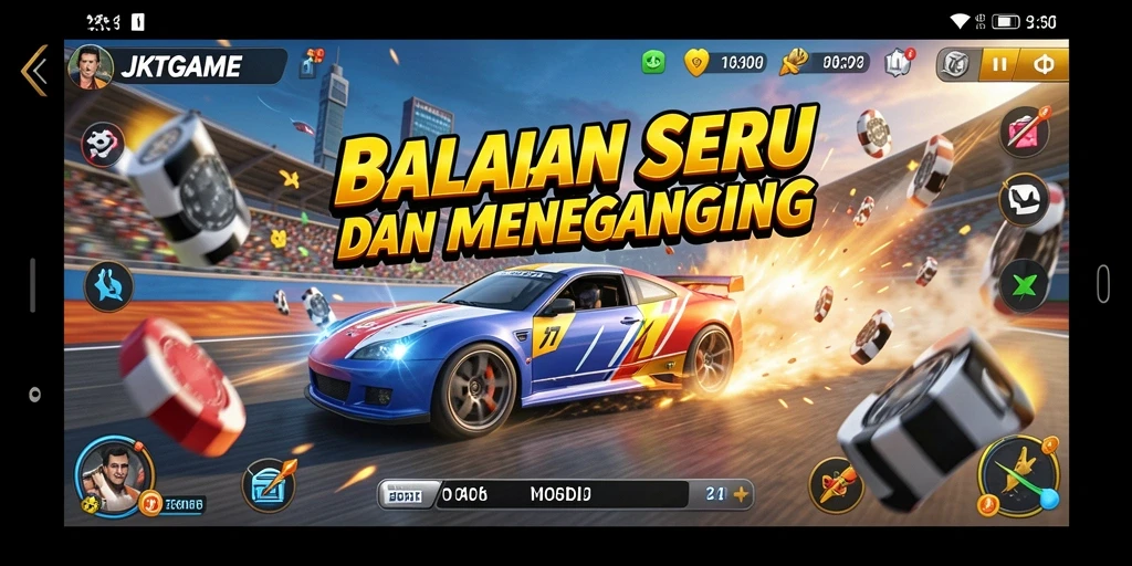 Gameplay JKTGAME dengan mobil balap di lintasan menantang.