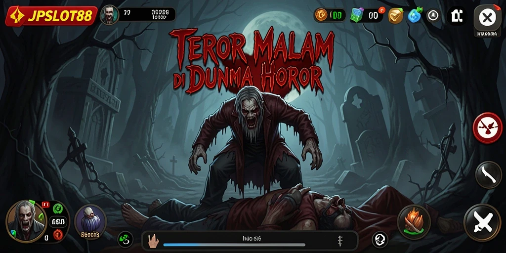 Tangkapan layar gameplay JPSLOT88 dengan atmosfer horor yang menegangkan.