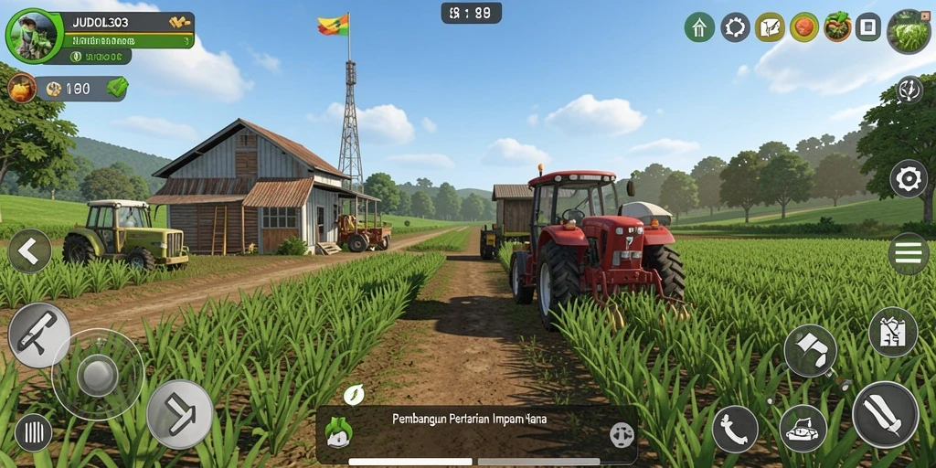 Screenshot gameplay JUDOL303 menunjukkan lahan pertanian yang subur dan hewan peliharaan.