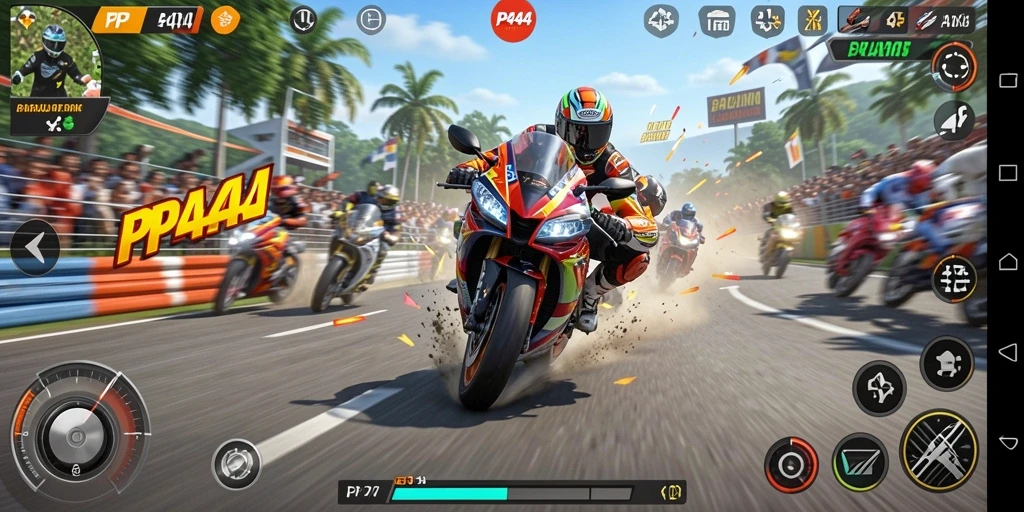 Tampilan gameplay PP444 yang penuh aksi saat balapan motor.